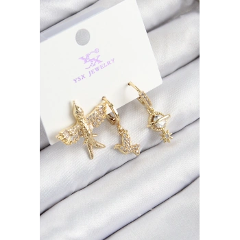 Pirinç Zirkon Taşlı 3lü Kuş Model Gold Renk Kadın Küpe - TJ-BKP11133