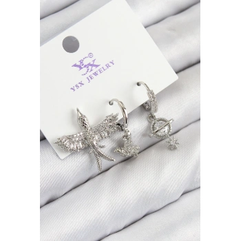 Pirinç Zirkon Taşlı 3lü Kuş Model Gümüş Renk Kadın Küpe - TJ-BKP11124