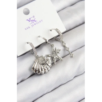 Pirinç Zirkon Taşlı 3lü Yıldız Ve İstiridye Model Gümüş Renk Kadın Küpe - TJ-BKP11131