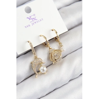 Pirinç Zirkon Taşlı 3lü Yunus Balığı Ve İstiridye Model Gold Renk Kadın Küpe - TJ-BKP11139