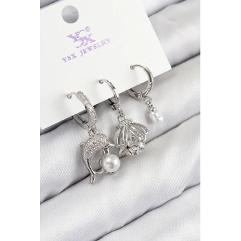 Pirinç Zirkon Taşlı 3lü Yunus Balığı Ve İstiridye Model Gümüş Renk Kadın Küpe - TJ-BKP11127