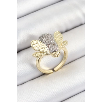 Pirinç Zirkon Taşlı Arı Model Gümüş Ve Gold Renk Kadın Yüzük - TJ-BYK3792