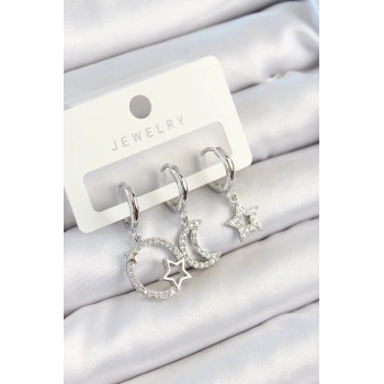 Pirinç Zirkon Taşlı Ay Ve Yıldız Model Gümüş Renk 3lü Çift Kadın Küpe Set - TJ-BKP10797