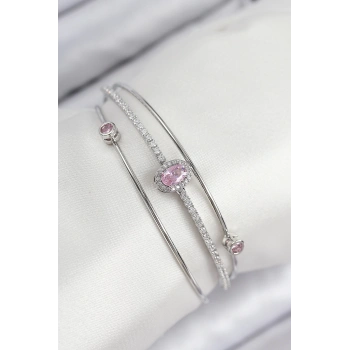 Pirinç Zirkon Taşlı Baget Model Gümüş Renk Kadın Bileklik - TJ-BB7864
