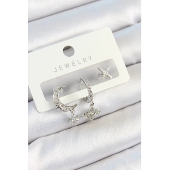 Pirinç Zirkon Taşlı Çiçek Ve Ay Model Gümüş Renk 3lü Çift Kadın Küpe Set - TJ-BKP10804