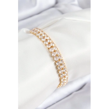 Pirinç Zirkon Taşlı Çift Sıra Kare Model Gold Renk Asansörlü Kadın Bileklik - TJ-BB7731