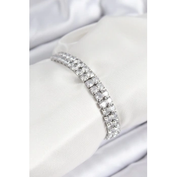 Pirinç Zirkon Taşlı Çift Sıra Kare Model Gümüş Renk Asansörlü Kadın Bileklik - TJ-BB7730
