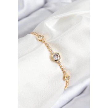 Pirinç Zirkon Taşlı Daire Model Gold Renk Asansörlü Kadın Bileklik - TJ-BB7733