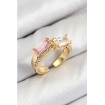 Pirinç Zirkon Taşlı Dikdörtgen Model Gold Renk Kadın Yüzük - TJ-BYK3797