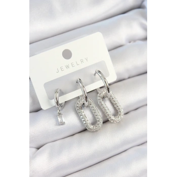 Pirinç Zirkon Taşlı Dikdörtgen Model Gümüş Renk 3lü Çift Kadın Küpe Set - TJ-BKP10796