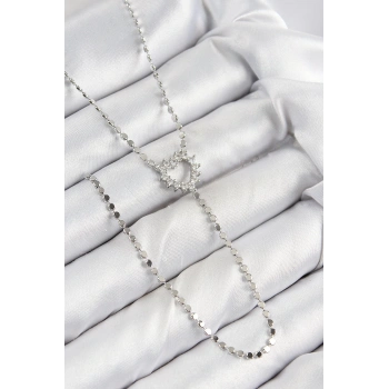 Pirinç Zirkon Taşlı Ezme Zincirli Kalp Model Gümüş Renk Y Kolye - TJ-BKO10460