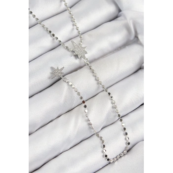 Pirinç Zirkon Taşlı Ezme Zincirli Kutup Yıldızı Model Gümüş Renk Y Kolye - TJ-BKO10462