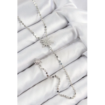 Pirinç Zirkon Taşlı Ezme Zincirli Kutup Yıldızı Model Gümüş Renk Y Kolye - TJ-BKO10468