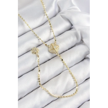 Pirinç Zirkon Taşlı Ezme Zincirli Madalyon Model Gold Renk Y Kolye - TJ-BKO10471