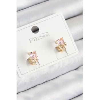 Pirinç Zirkon Taşlı Fiyonklu Kalp Model Gold Renk Çocuk Küpe - TJ-BKP11195