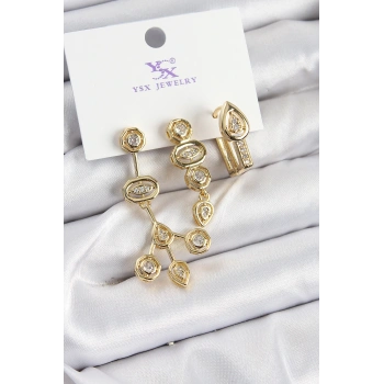 Pirinç Zİrkon Taşlı Geometrik Model Gold Renk 3lü Kadın Küpe - TJ-BKP10937