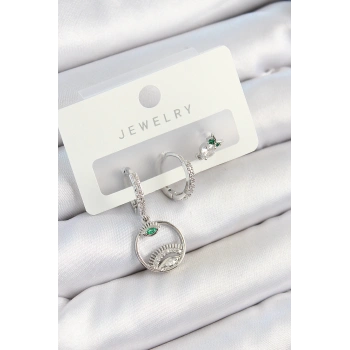 Pirinç Zirkon Taşlı Göz Ve Baykuş Model Gümüş Renk 3lü Çift Kadın Küpe Set - TJ-BKP10795