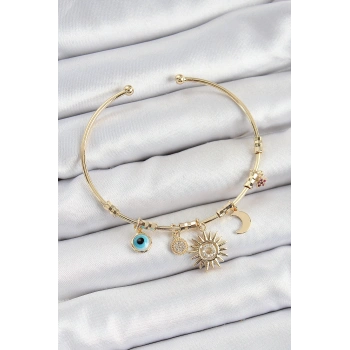 Pirinç Zirkon Taşlı Güneş Ay Nazar Model Gold Renk Charm Bileklik - TJ-BB7354