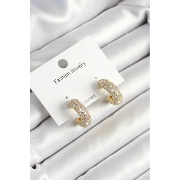 Pirinç Zirkon Taşlı Halka Model Gold Renk Kadın Küpe - TJ-BKP10634