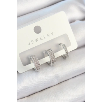 Pirinç Zirkon Taşlı Halka Model Gümüş Renk 3lü Çift Kadın Küpe Set - TJ-BKP10810