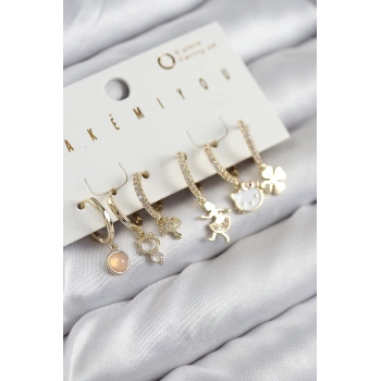 Pirinç Zirkon Taşlı Hello Kity Ve Yonca Model Gold Renk 6lı Küpe Set - TJ-BKP11206