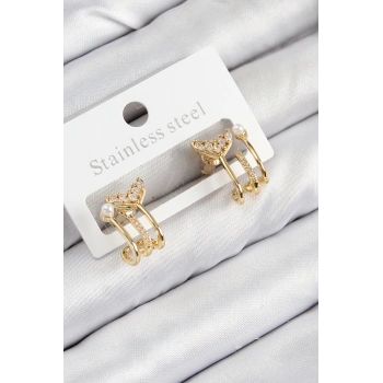 Pirinç Zirkon Taşlı İnci Detaylı Balık Kuyruğu Model Gold Renk Kadın Küpe - TJ-BKP11093