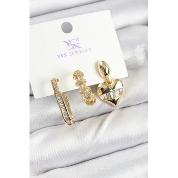 Pirinç Zİrkon Taşlı Kalp Model Gold Renk 3lü Kadın Küpe - TJ-BKP10948