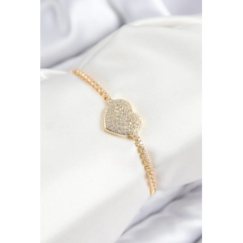 Pirinç Zirkon Taşlı Kalp Model Gold Renk Asansörlü Kadın Bileklik - TJ-BB7747