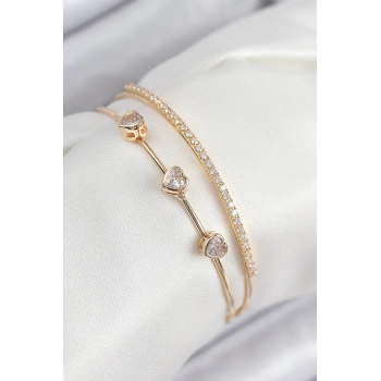 Pirinç Zirkon Taşlı Kalp Model Gold Renk Kadın Bileklik - TJ-BB7861