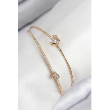Pirinç Zirkon Taşlı Kalp Model Gold Renk Kadın Bileklik - TJ-BB7869