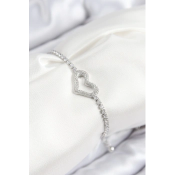 Pirinç Zirkon Taşlı Kalp Model Gümüş Renk Asansörlü Kadın Bileklik - TJ-BB7742