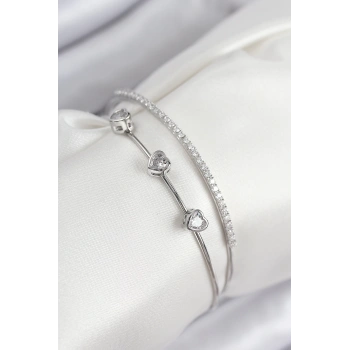 Pirinç Zirkon Taşlı Kalp Model Gümüş Renk Kadın Bileklik - TJ-BB7862