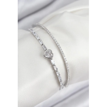 Pirinç Zirkon Taşlı Kalp Model Gümüş Renk Kadın Bileklik - TJ-BB7874