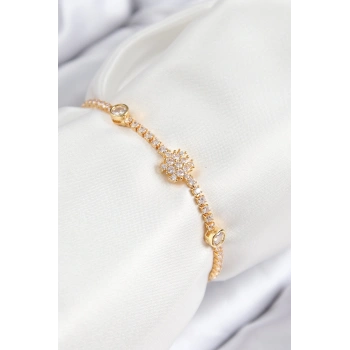 Pirinç Zirkon Taşlı Kar Tanesi Model Gold Renk Asansörlü Kadın Bileklik - TJ-BB7723