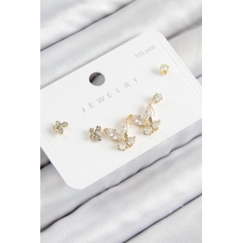 Pirinç Zirkon Taşlı Kelebek Model Gold Renk 925 Ayar Gümüş Çivi Kadın Küpe Set - TJ-BKP11166