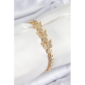 Pirinç Zirkon Taşlı Kelebek Model Gold Renk Kadın Bileklik - TJ-BB7541