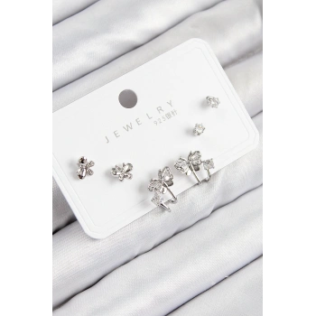 Pirinç Zirkon Taşlı Kelebek Model Gümüş Renk 925 Ayar Gümüş Çivi Kadın Küpe Set - TJ-BKP11163