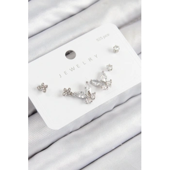 Pirinç Zirkon Taşlı Kelebek Model Gümüş Renk 925 Ayar Gümüş Çivi Kadın Küpe Set - TJ-BKP11165