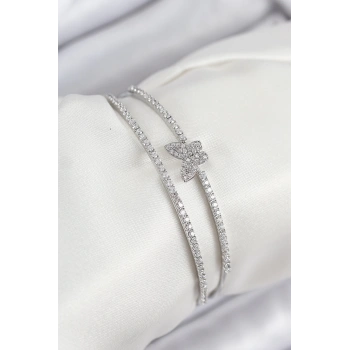Pirinç Zirkon Taşlı Kelebek Model Gümüş Renk Kadın Bileklik - TJ-BB7892