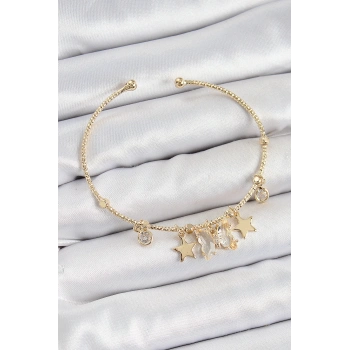 Pirinç Zirkon Taşlı Kelebek Ve Yıldız Model Gold Renk Charm Bileklik - TJ-BB7355