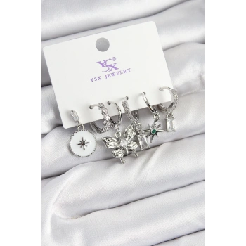 Pirinç Zİrkon Taşlı Kelebek ve Yıldız Model Gümüş Renk 3lü Çift Kadın Küpe - TJ-BKP10958