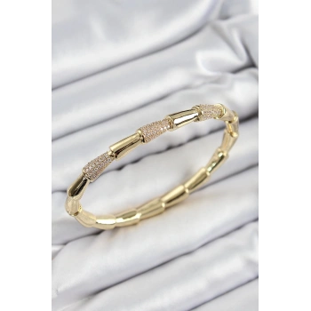Pirinç Zirkon Taşlı Kemik Model Gold Renk Vip Kadın Bileklik - TJ-BB7341