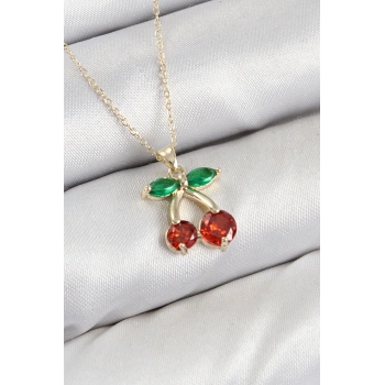 Pirinç Zirkon Taşlı Kiraz Model Gold Renk Kadın Kolye - TJ-BKO10420