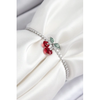 Pirinç Zirkon Taşlı Kiraz Model Gümüş Renk Asansörlü Kadın Bileklik - TJ-BB7454