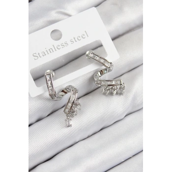 Pirinç Zirkon Taşlı Kıvrımlı Model Gümüş Renk Kadın Küpe - TJ-BKP11113