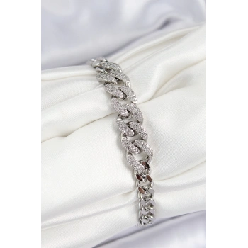 Pirinç Zirkon Taşlı Küba Zincir Model Gümüş Renk Kadın Bileklik - TJ-BB7534