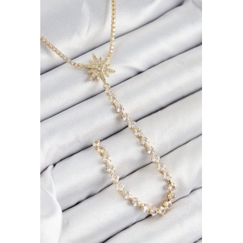 Pirinç Zirkon Taşlı Kutup Yıldızı Model Gümüş Renk Y Kolye - TJ-BKO10448