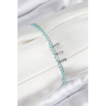 Pirinç Zirkon Taşlı Mavi Boncuklu Model Gümüş Renk Kadın Bileklik - TJ-BB7582