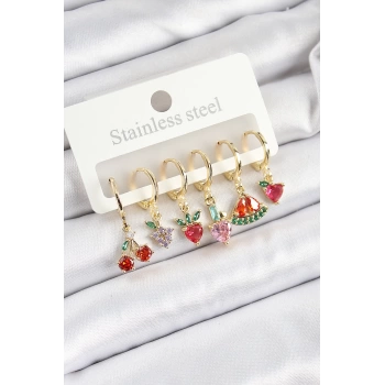 Pirinç Zirkon Taşlı Meyve Temalı Karışık Model Gold Renk 6lı Set Kadın Küpe - TJ-BKP10762