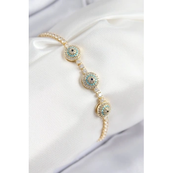 Pirinç Zirkon Taşlı Nazar Model Gold Renk Kadın Bileklik - TJ-BB7705